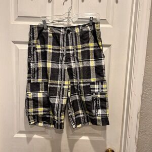No Fear Mens Plaid Baggy Cargo Shorts Black Neon Yellow Plaid Skater 32 Y2k Logo